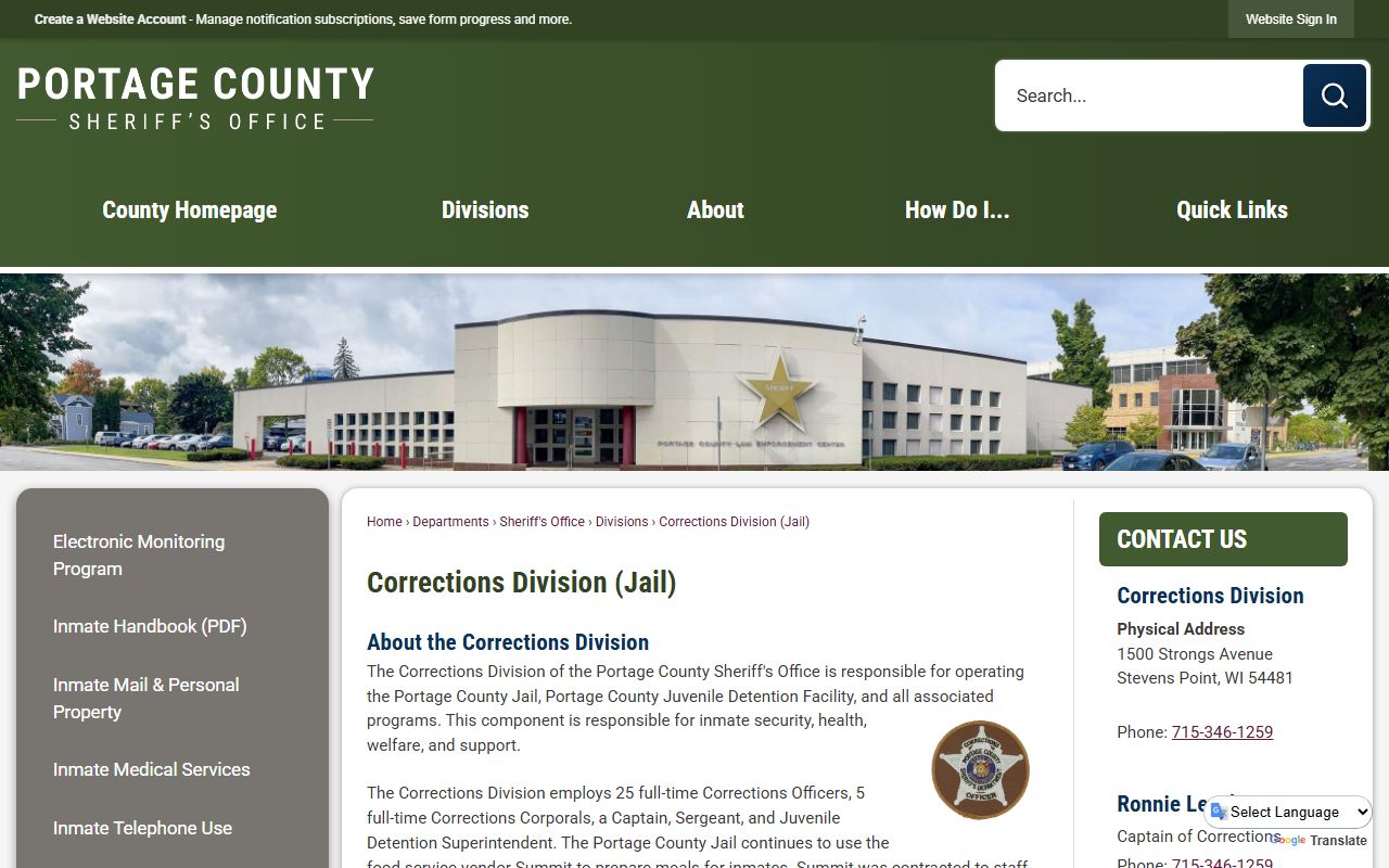 Portage County Jail inmate lookup Corrections Division contact and programs page