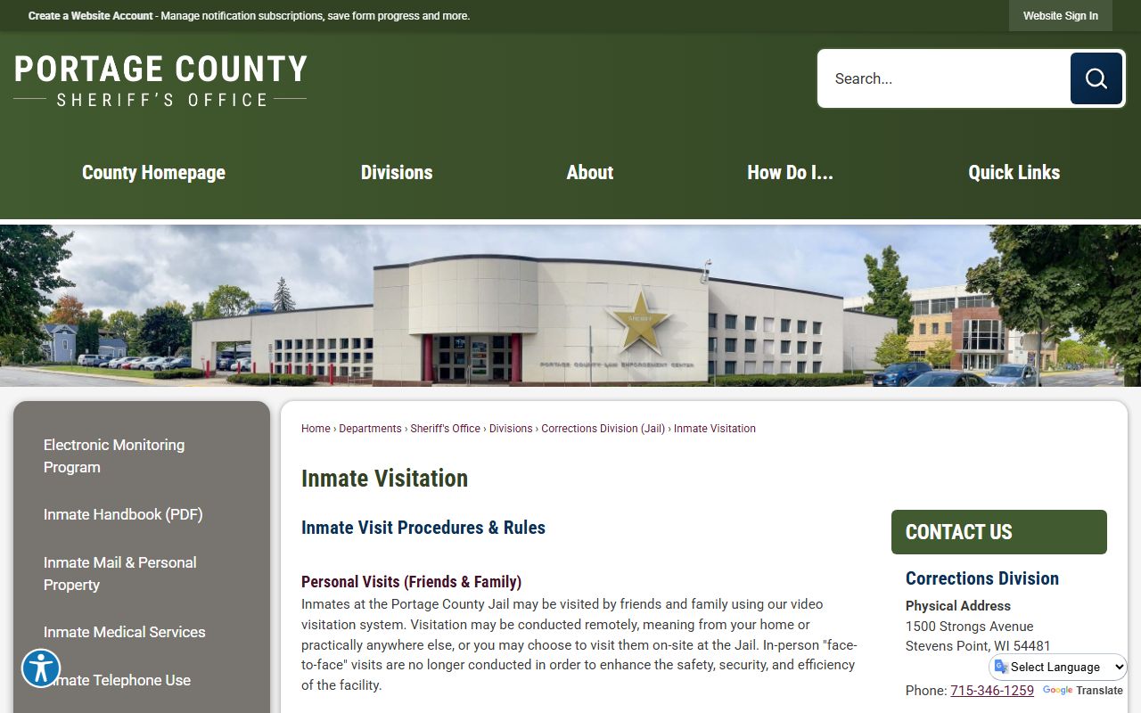 Portage County Jail inmate visitation page with video visit rules