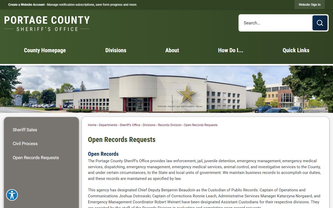 Portage County Juvenile Detention Facility records request and sheriff open records channels